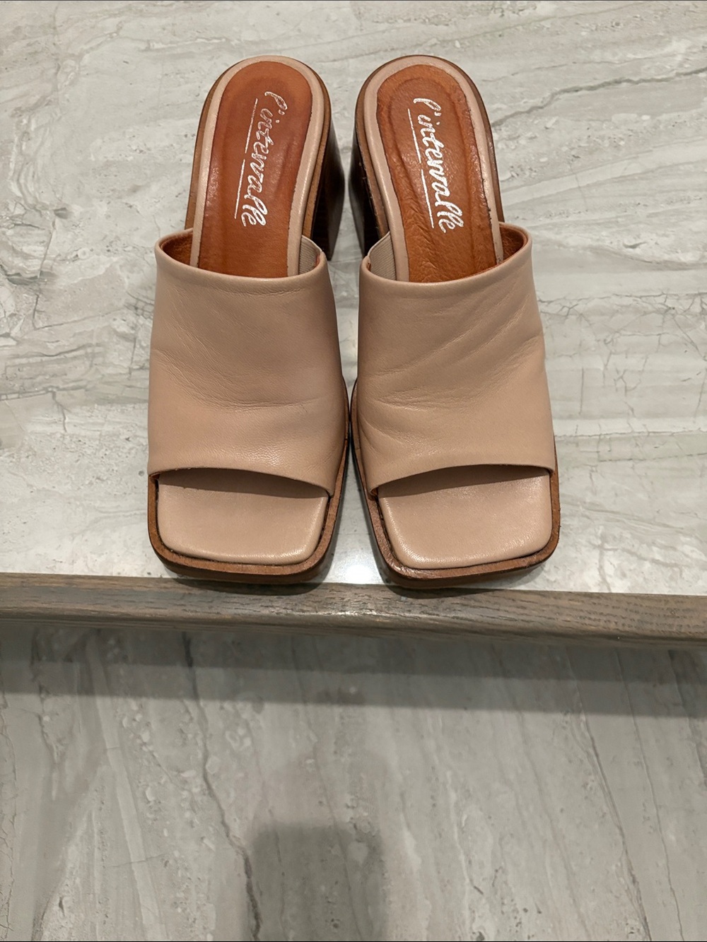 L'INTERVALLE Nude Blush Leather Square-Toe Slide Mules
